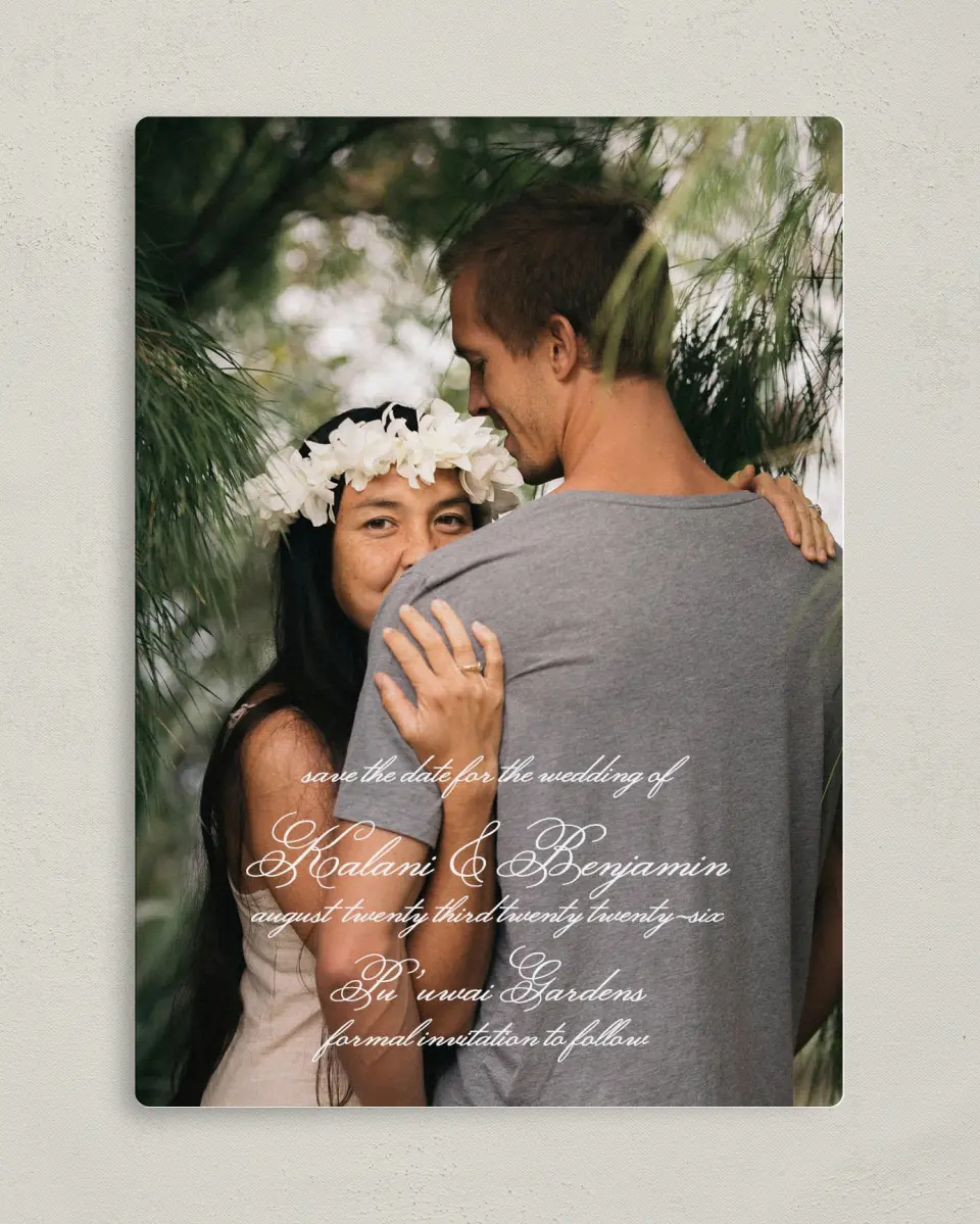 This is a 5" x 7" Save the Date Magnet called Aloha Amore printed in full color with a Luxe Satin finish
