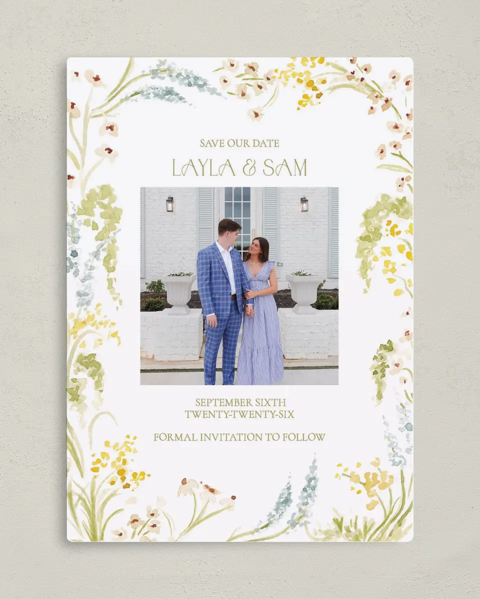This is a 5" x 7" Save the Date Magnet called Forever in Bloom printed in full color with a Luxe Satin finish