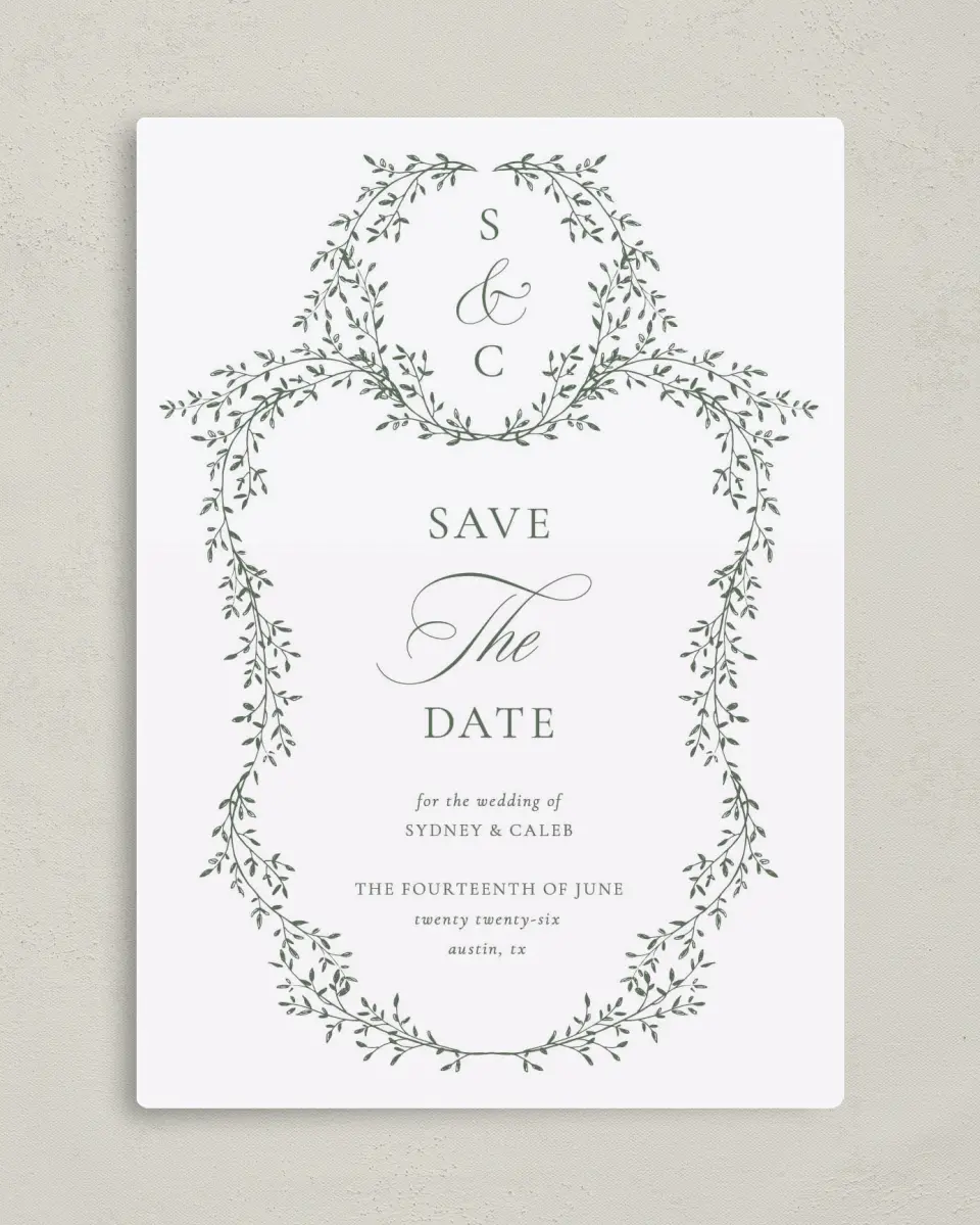 This is a 5" x 7" Save the Date Magnet called Elegant Frame printed in full color with a Luxe Satin finish