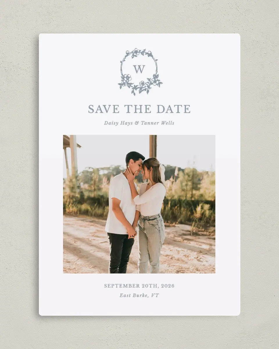 This is a 5" x 7" Save the Date Magnet called Flowering Frame printed in full color with a Luxe Satin finish