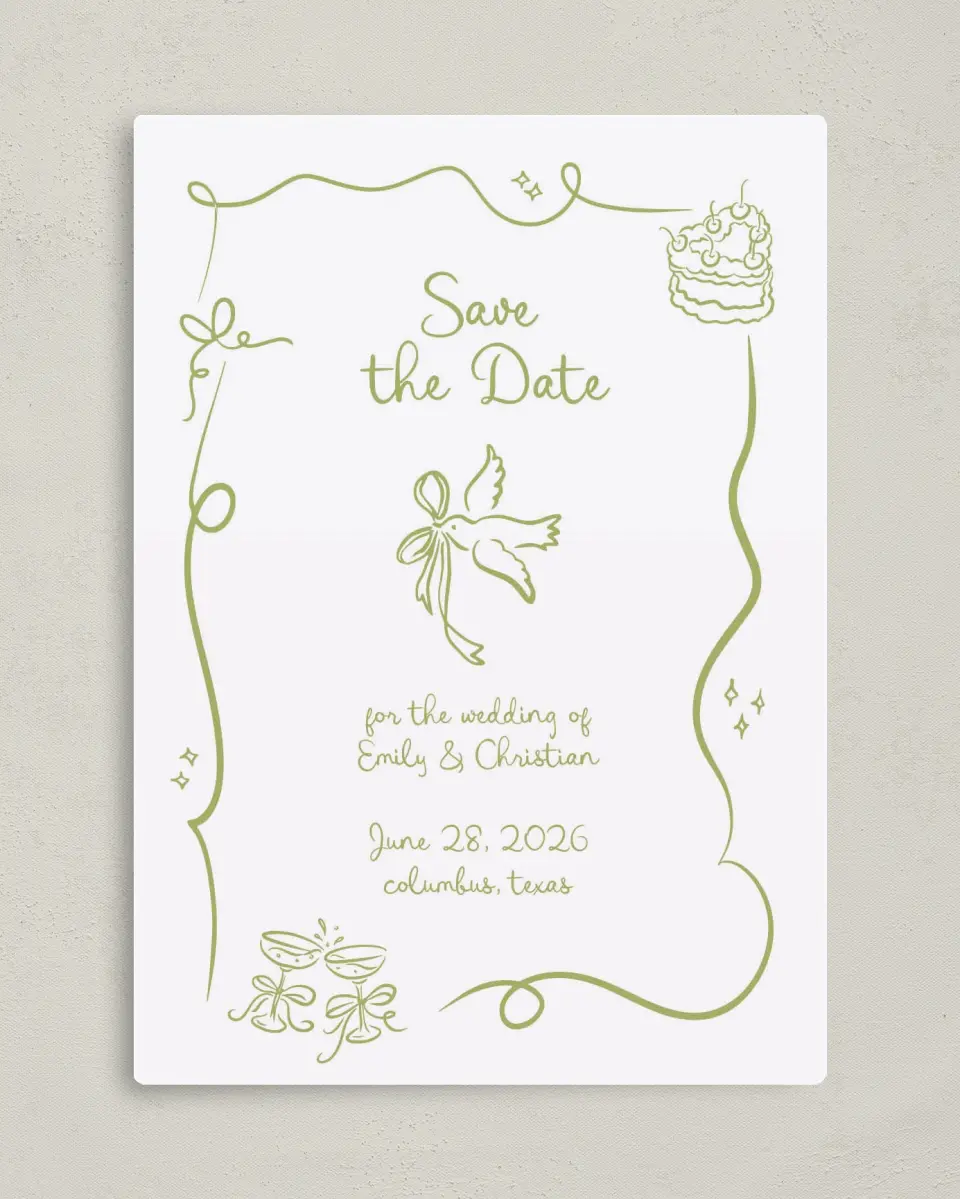 This is a 5" x 7" Save the Date Magnet called Wedding Whimsy printed in full color with a Luxe Satin finish