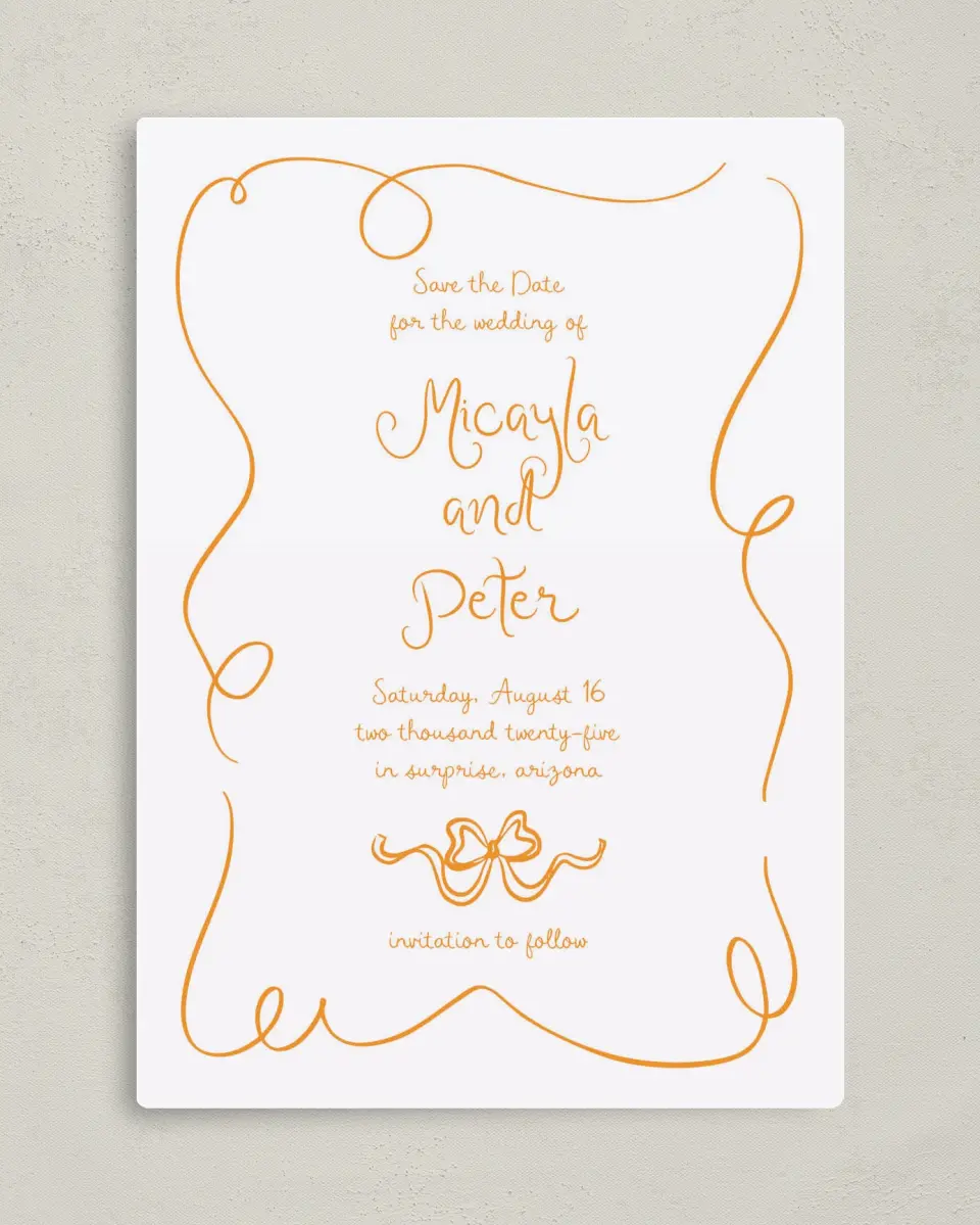 This is a 5" x 7" Save the Date Magnet called The Micayla printed in full color with a Luxe Satin finish