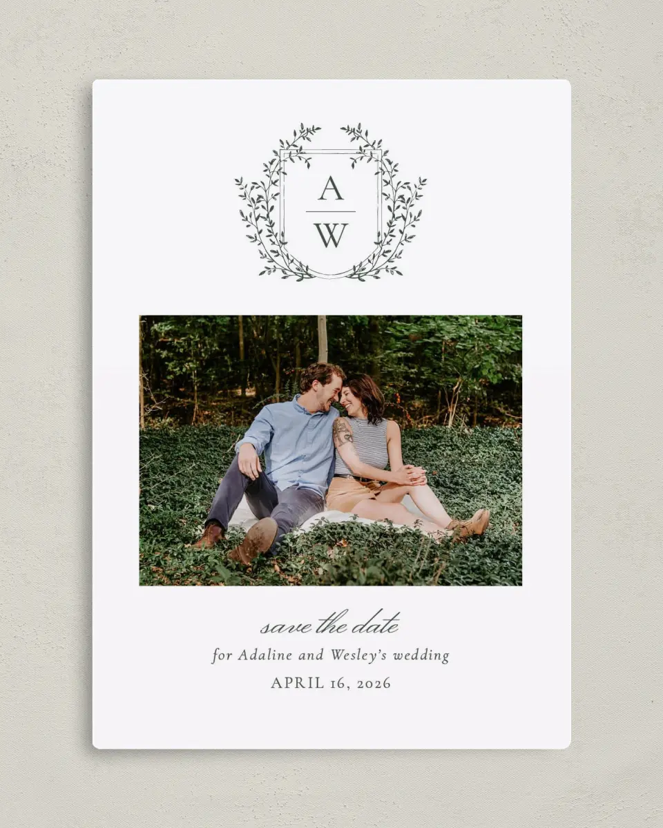 This is a 5" x 7" Save the Date Magnet called The Adaline printed in full color with a Luxe Satin finish