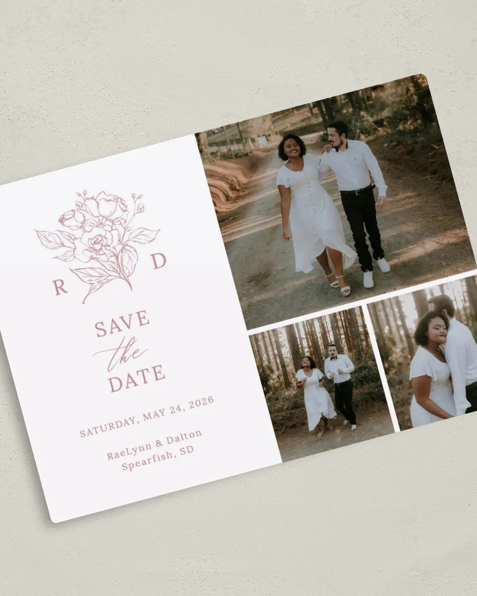 This is a 5" x 7" Save the Date Magnet called Blushing Rose printed in full color with a Luxe Satin finish