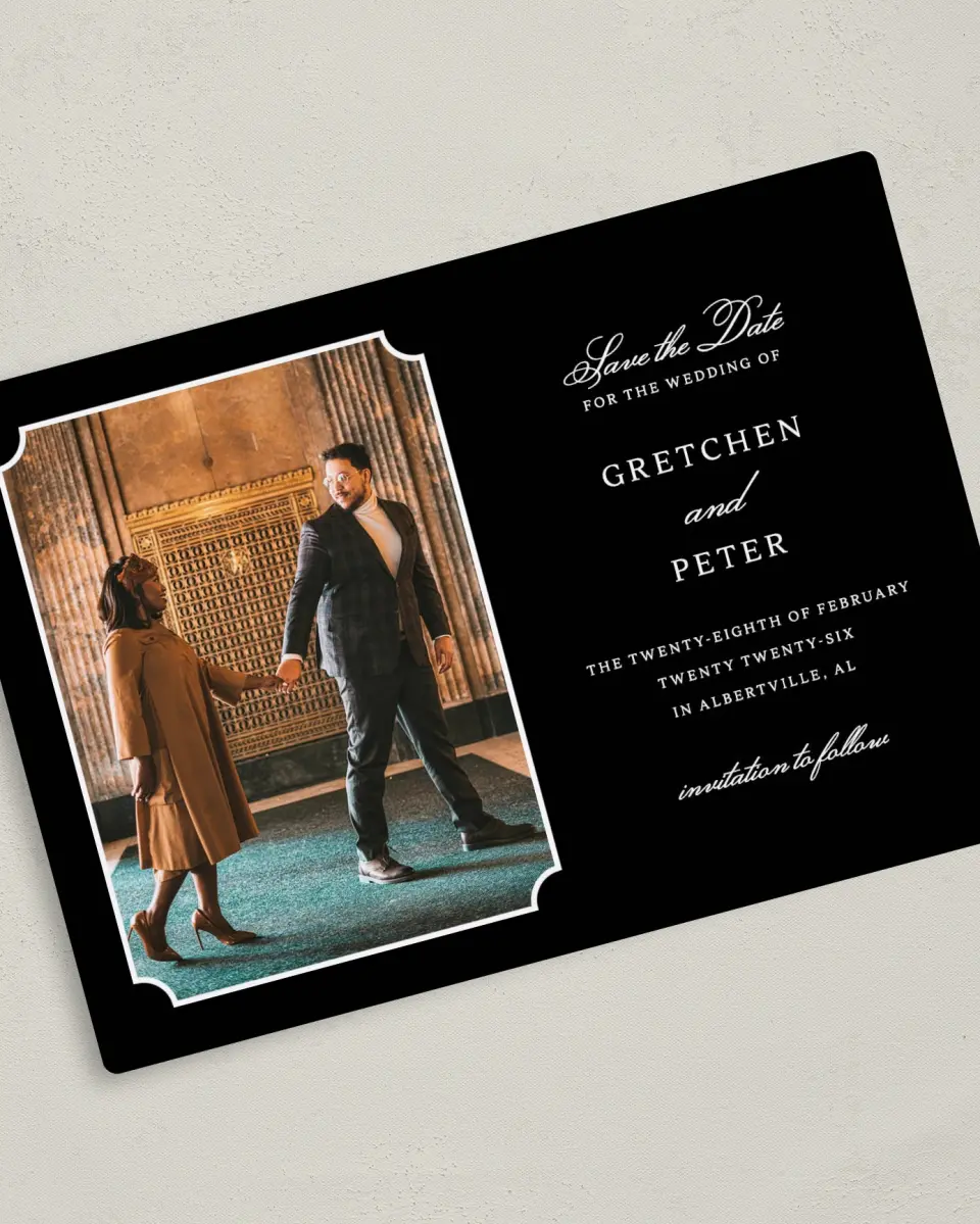 This is a 5" x 7" Save the Date Magnet called Elegant Tradition printed in full color with a Luxe Satin finish