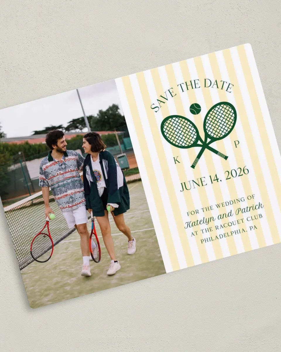 This is a 5" x 7" Save the Date Magnet called A Perfect Match printed in full color with Silver foil and a Luxe Satin finish
