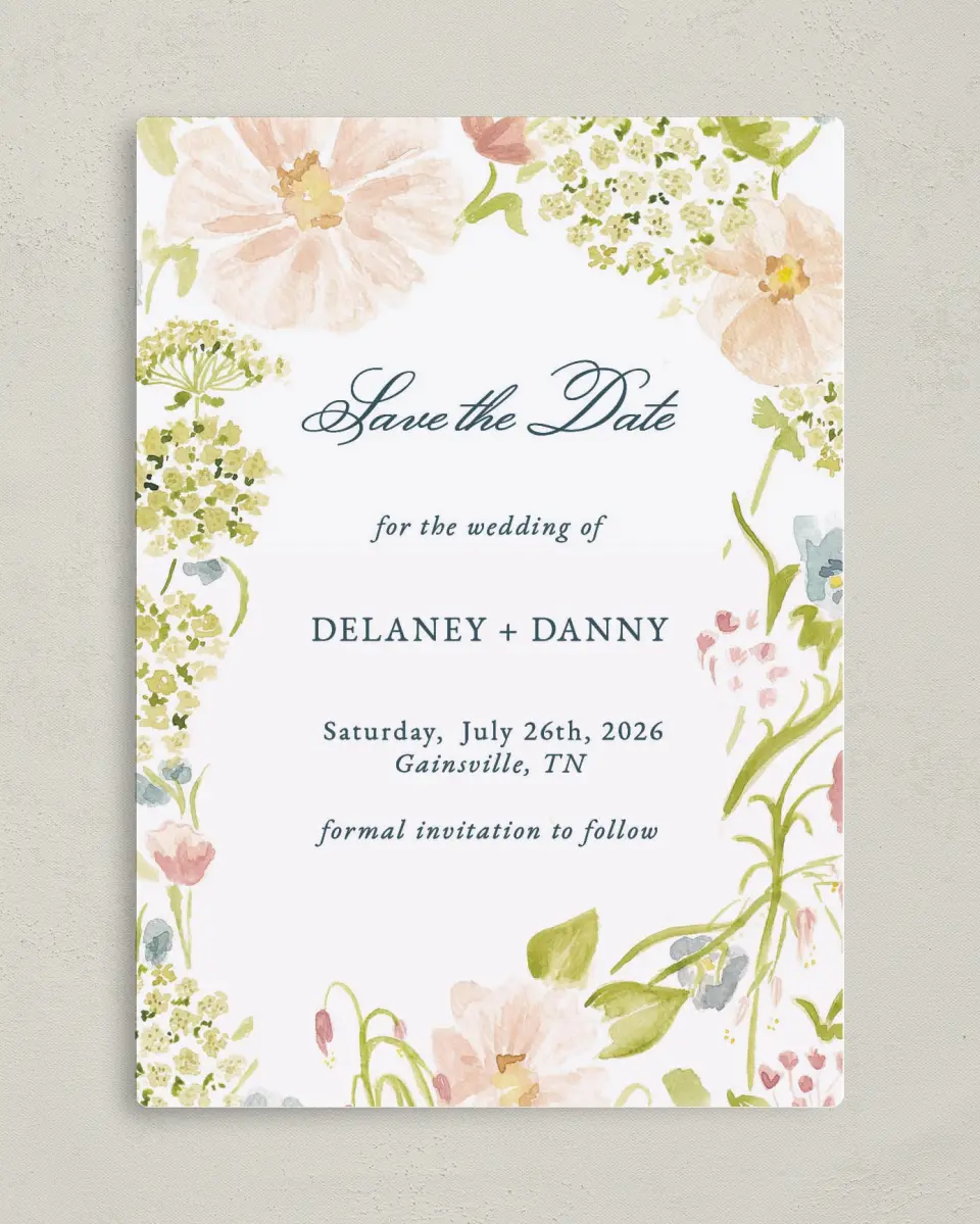 This is a 5" x 7" Save the Date Magnet called Garden of Vows printed in full color with a Luxe Satin finish