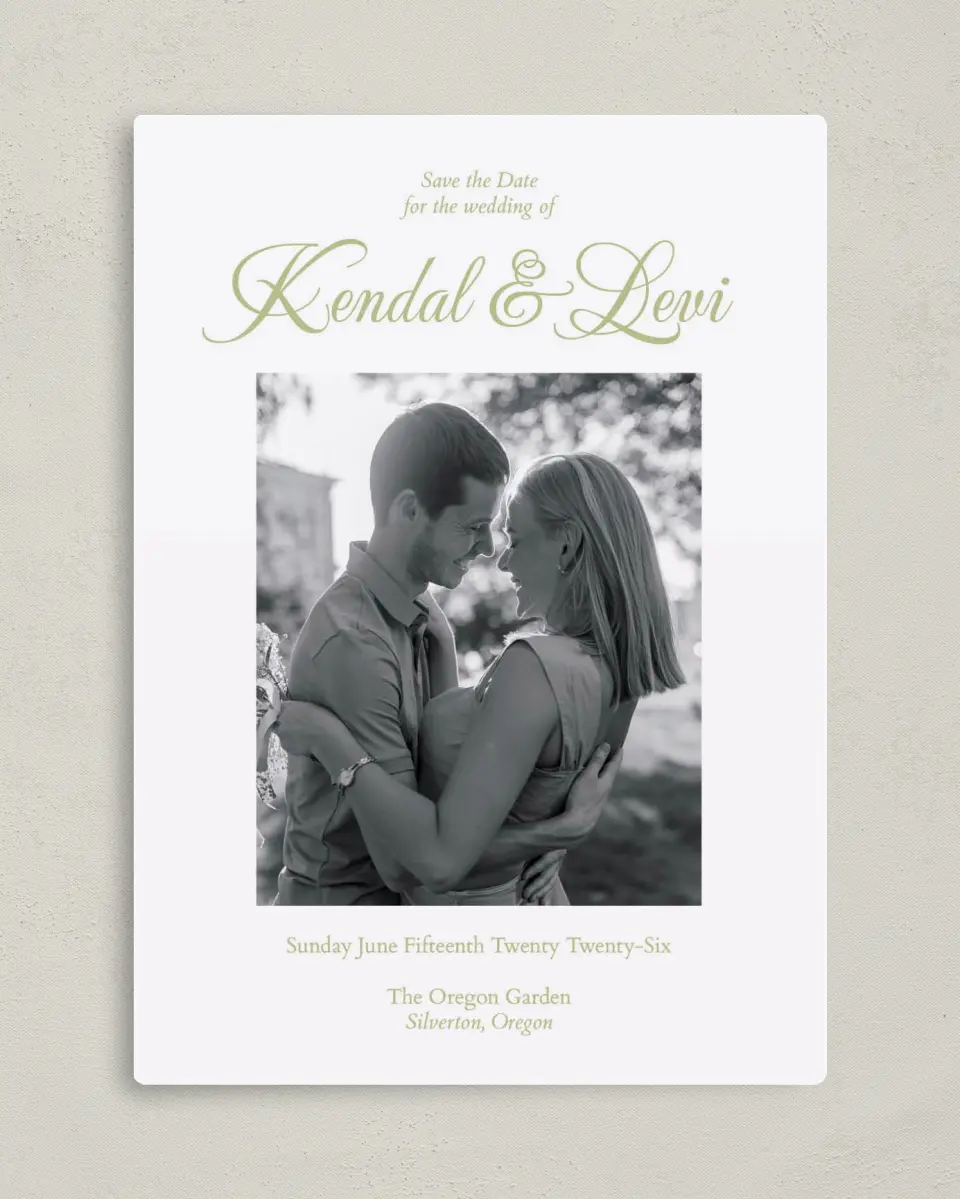 This is a 5" x 7" Save the Date Magnet called Southern Belle printed in full color with a Luxe Satin finish