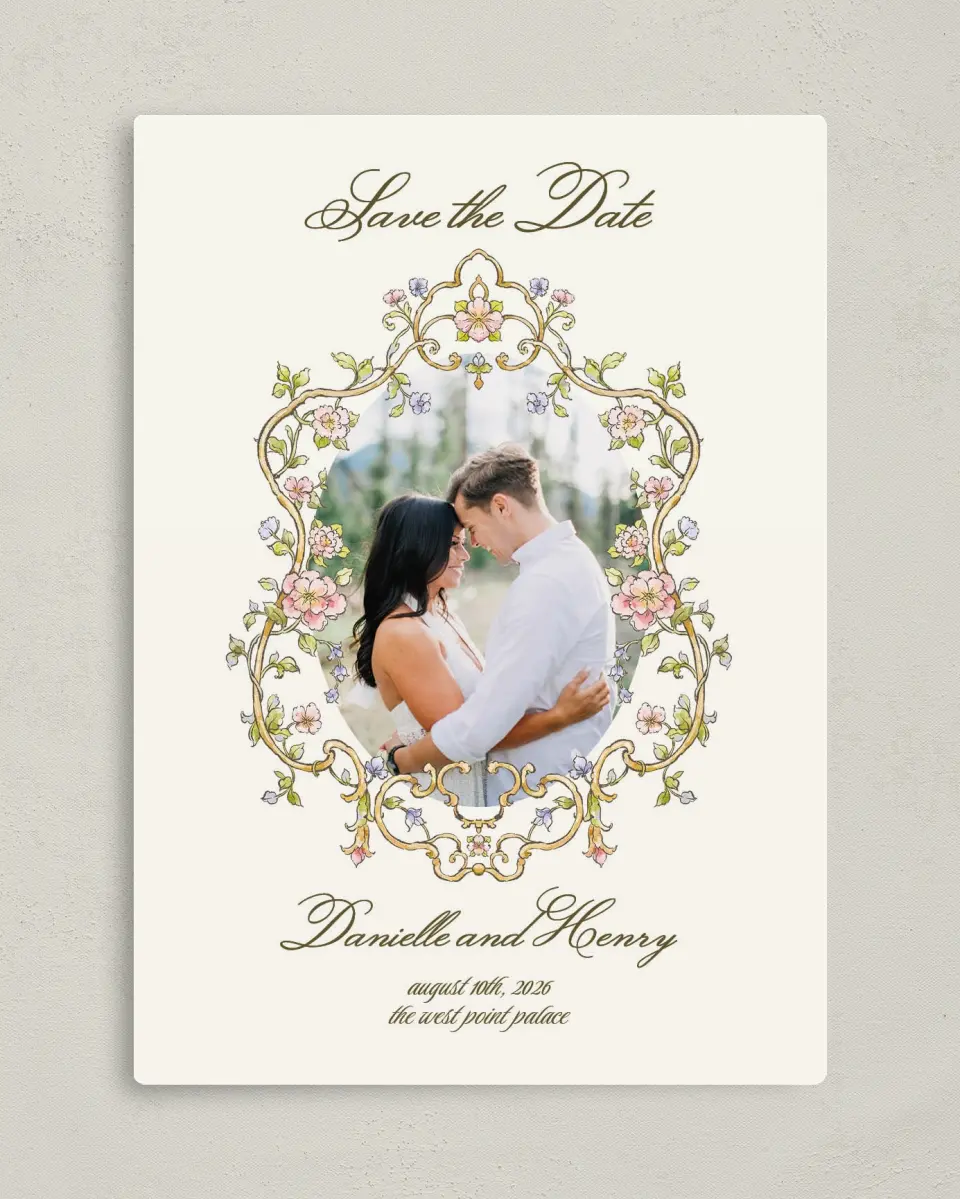 This is a 5" x 7" Save the Date Magnet called Ever After printed in full color with a Luxe Satin finish