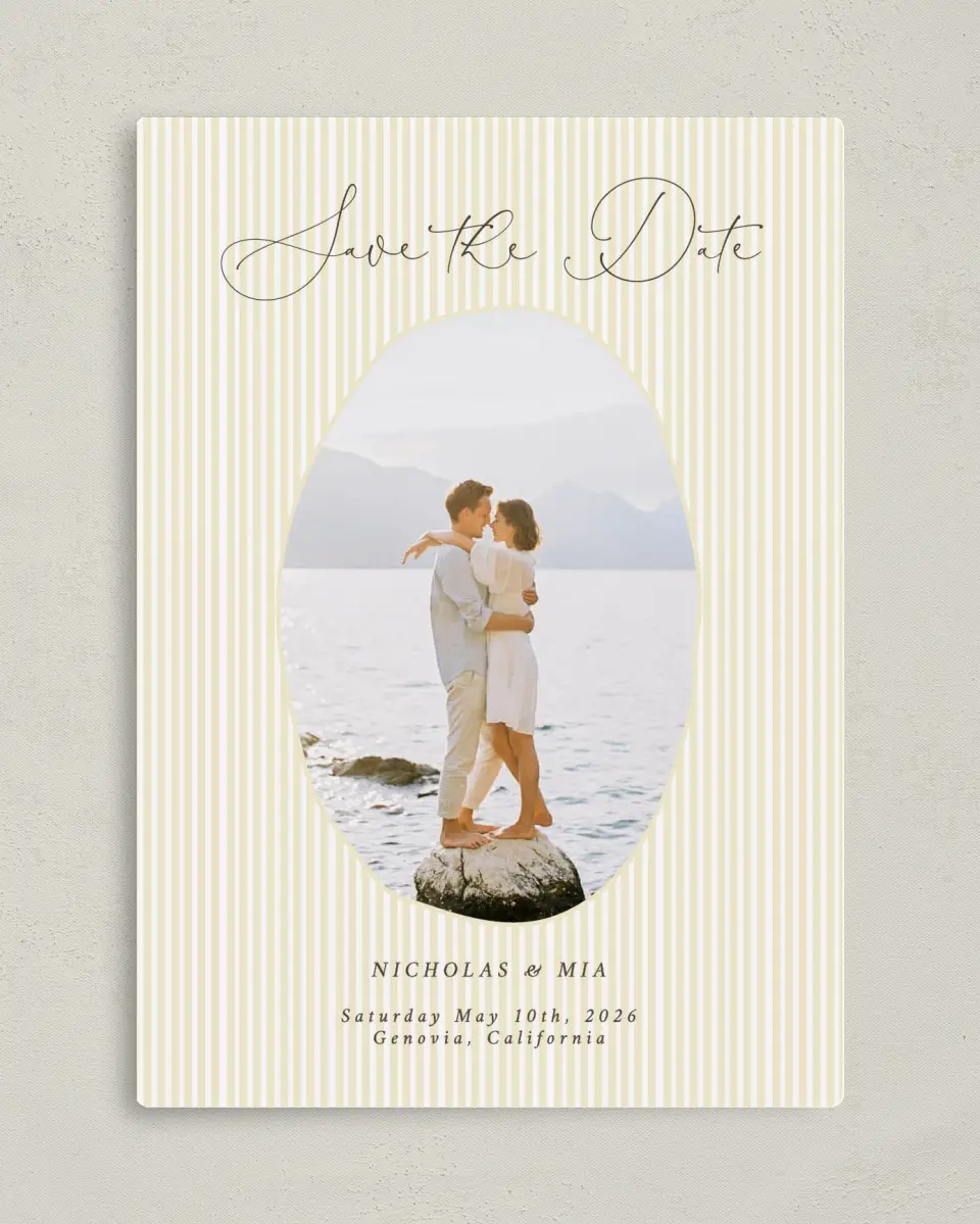 This is a 5" x 7" Save the Date Magnet called Royal Glory printed in full color with a Luxe Satin finish
