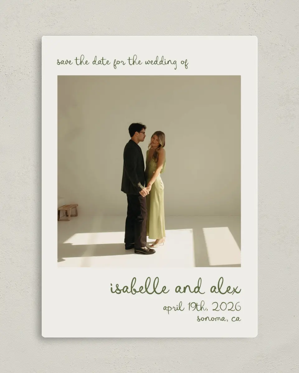 This is a 5" x 7" Save the Date Magnet called Sweet Woodland printed in full color with a Luxe Satin finish