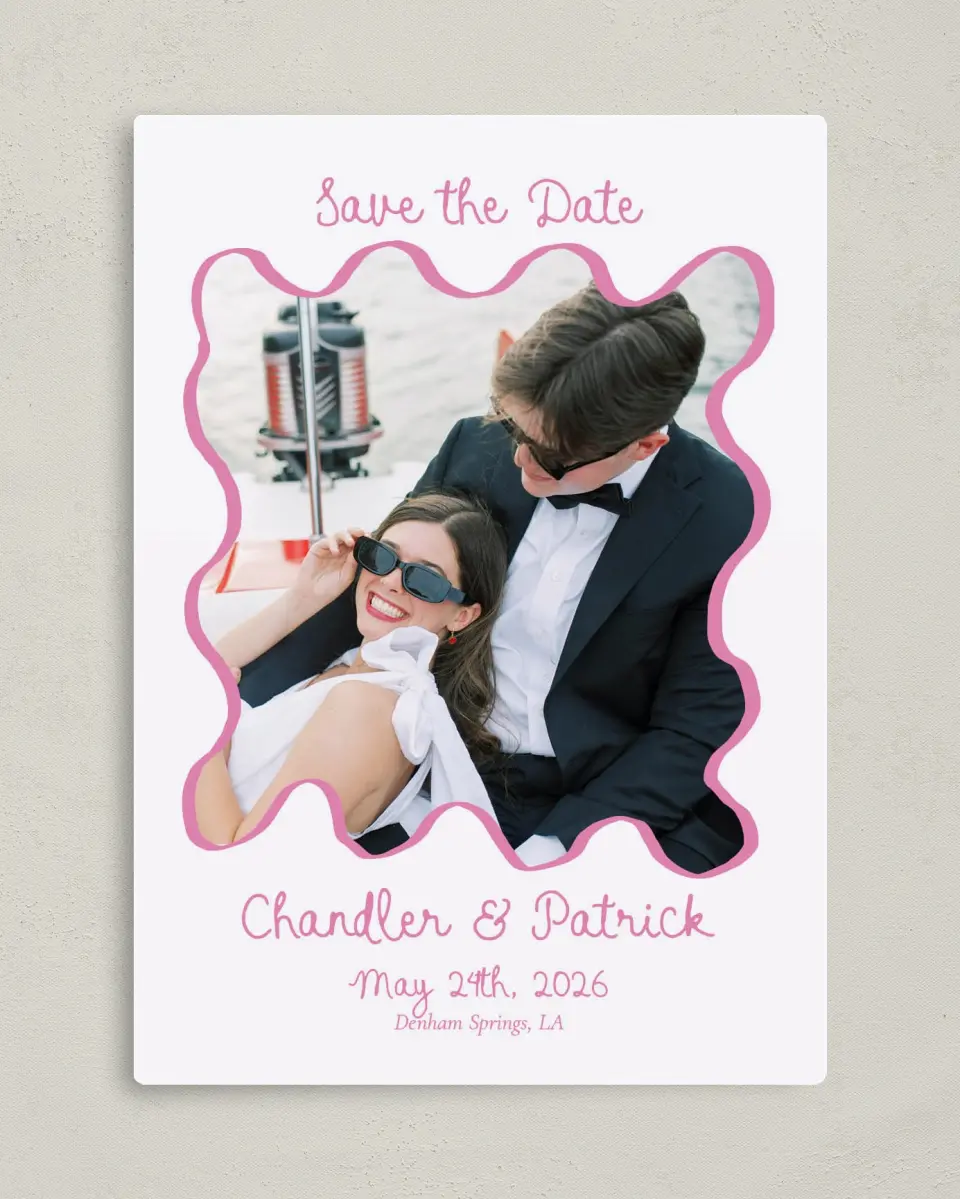 This is a 5" x 7" Save the Date Magnet called Swan Love printed in full color with a Luxe Satin finish