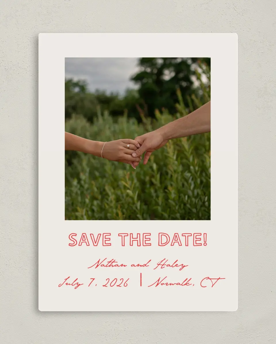 This is a 5" x 7" Save the Date Magnet called Bold & Bright printed in full color with a Luxe Satin finish