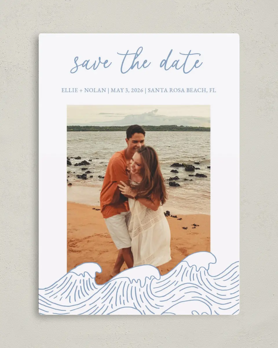 This is a 5" x 7" Save the Date Magnet called Wave of Love printed in full color with a Luxe Satin finish