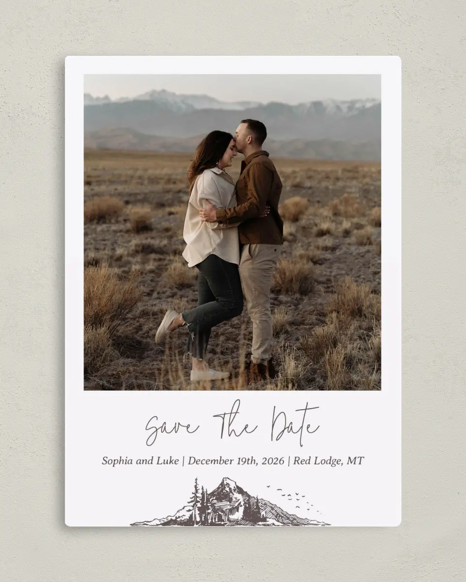 This is a 5" x 7" Save the Date Magnet called Mountain Bliss printed in full color with a Luxe Satin finish