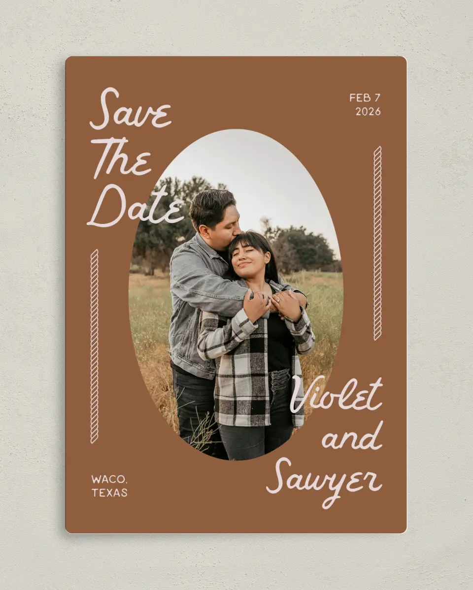 This is a 5" x 7" Save the Date Magnet called Western Whimsy printed in full color with a Luxe Satin finish