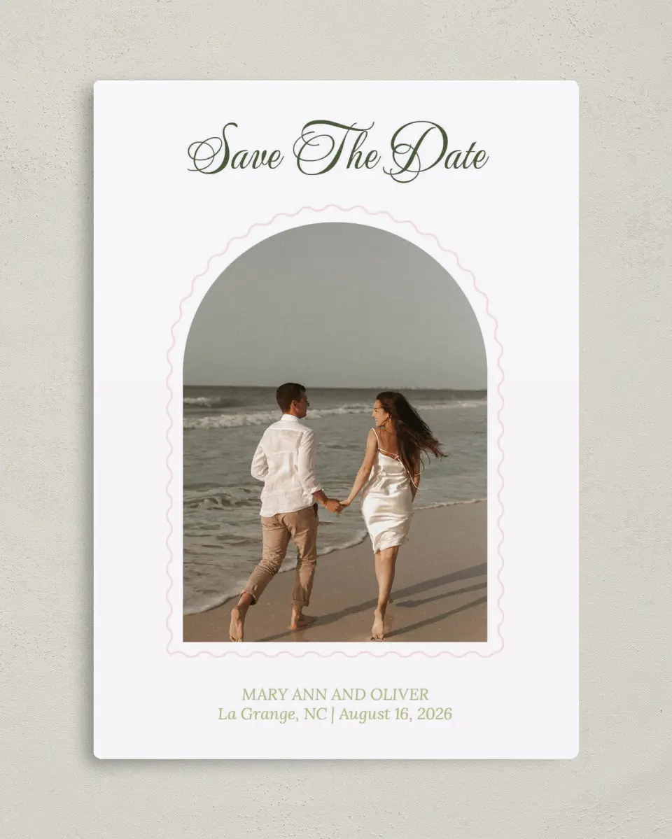 This is a 5" x 7" Save the Date Magnet called Palm Paradise printed in full color with a Luxe Satin finish