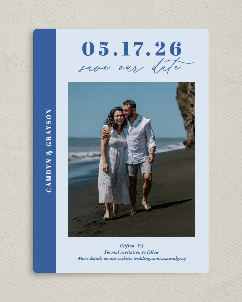 This is a 5" x 7" Save the Date Magnet called Forever and Ever printed in full color with a Luxe Satin finish