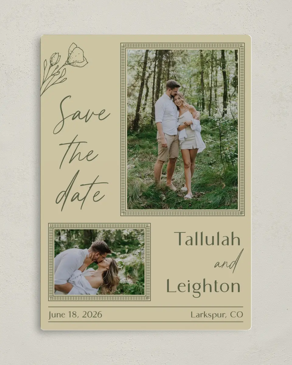 This is a 5" x 7" Save the Date Magnet called Idyllic Love printed in full color with a Luxe Satin finish