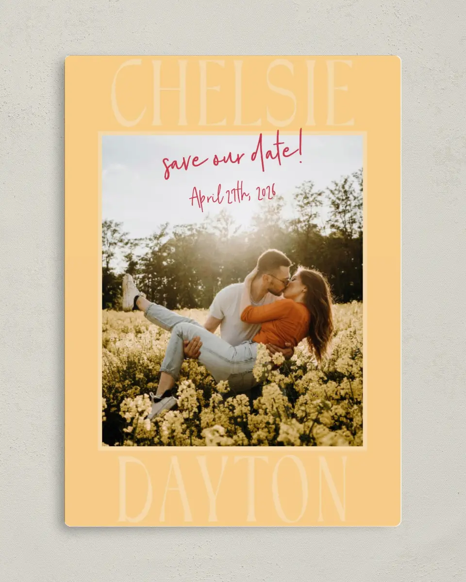 This is a 5" x 7" Save the Date Magnet called Lovey-Dovey printed in full color with a Luxe Satin finish