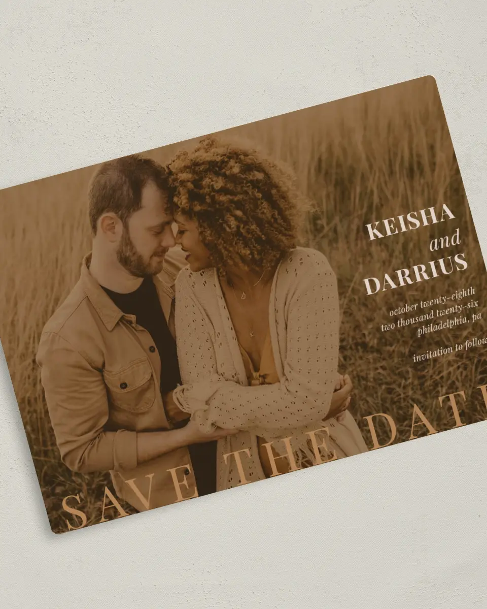 This is a 5" x 7" Save the Date Magnet called Bold Romance printed in full color with a Luxe Satin finish