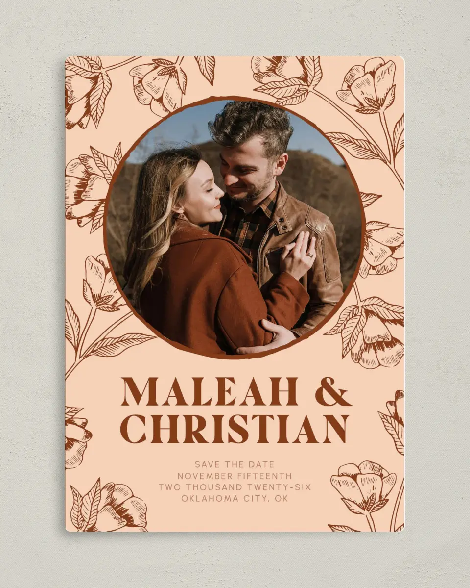 This is a 5" x 7" Save the Date Magnet called Agrestal printed in full color with a Luxe Satin finish