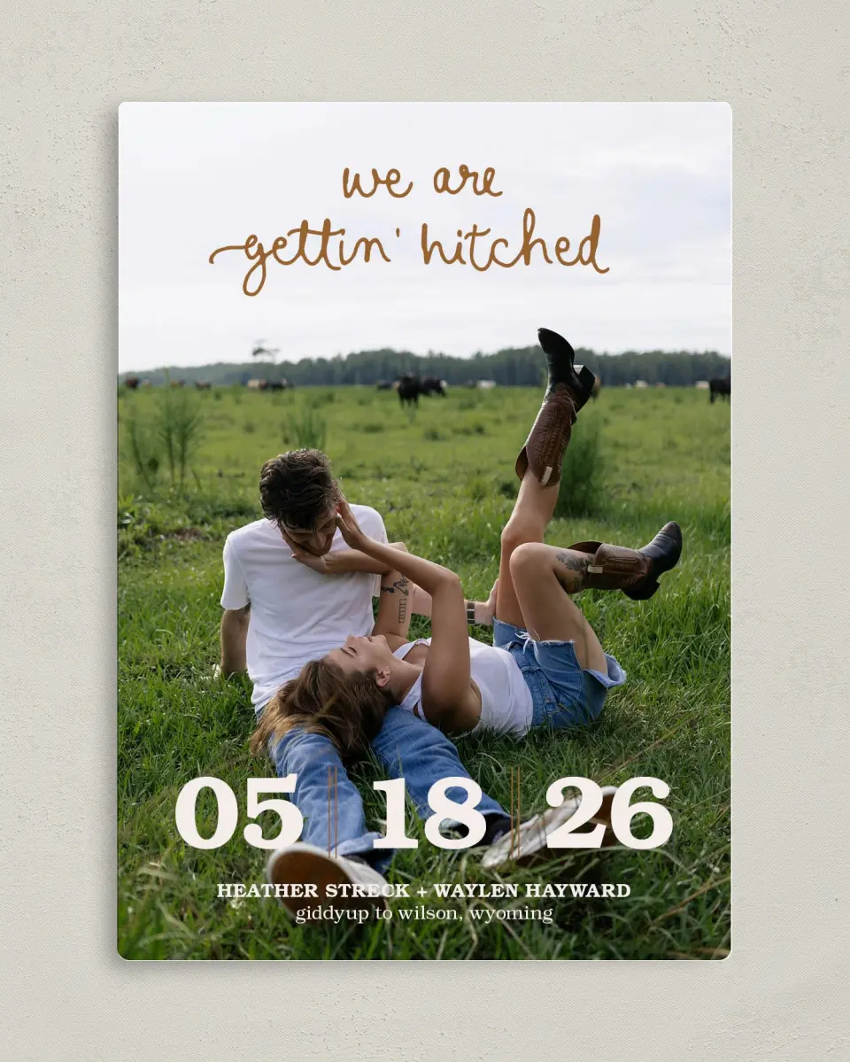 This is a 5" x 7" Save the Date Magnet called Head Over Boots printed in full color with a Luxe Satin finish