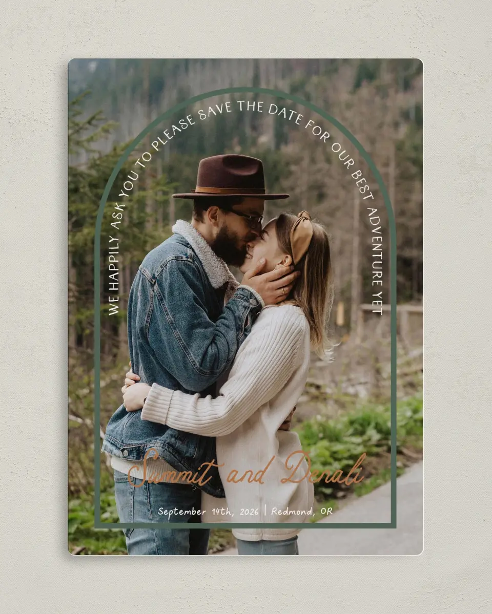 This is a 5" x 7" Save the Date Magnet called Elevated Adventures printed in full color with a Luxe Satin finish