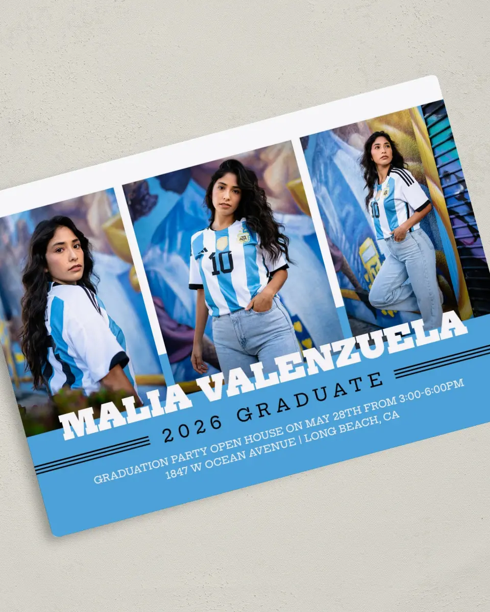 This is a 5" x 7" Graduation Announcement Magnet called Sporty Spice printed in full color with a Luxe Satin finish