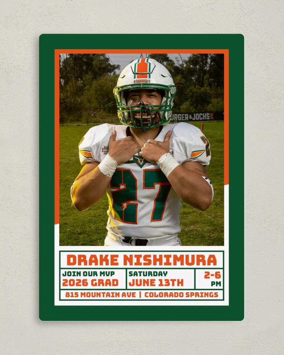 This is a 5" x 7" Graduation Announcement Magnet called MVP Grad printed in full color with Gold foil and a Luxe Satin finish
