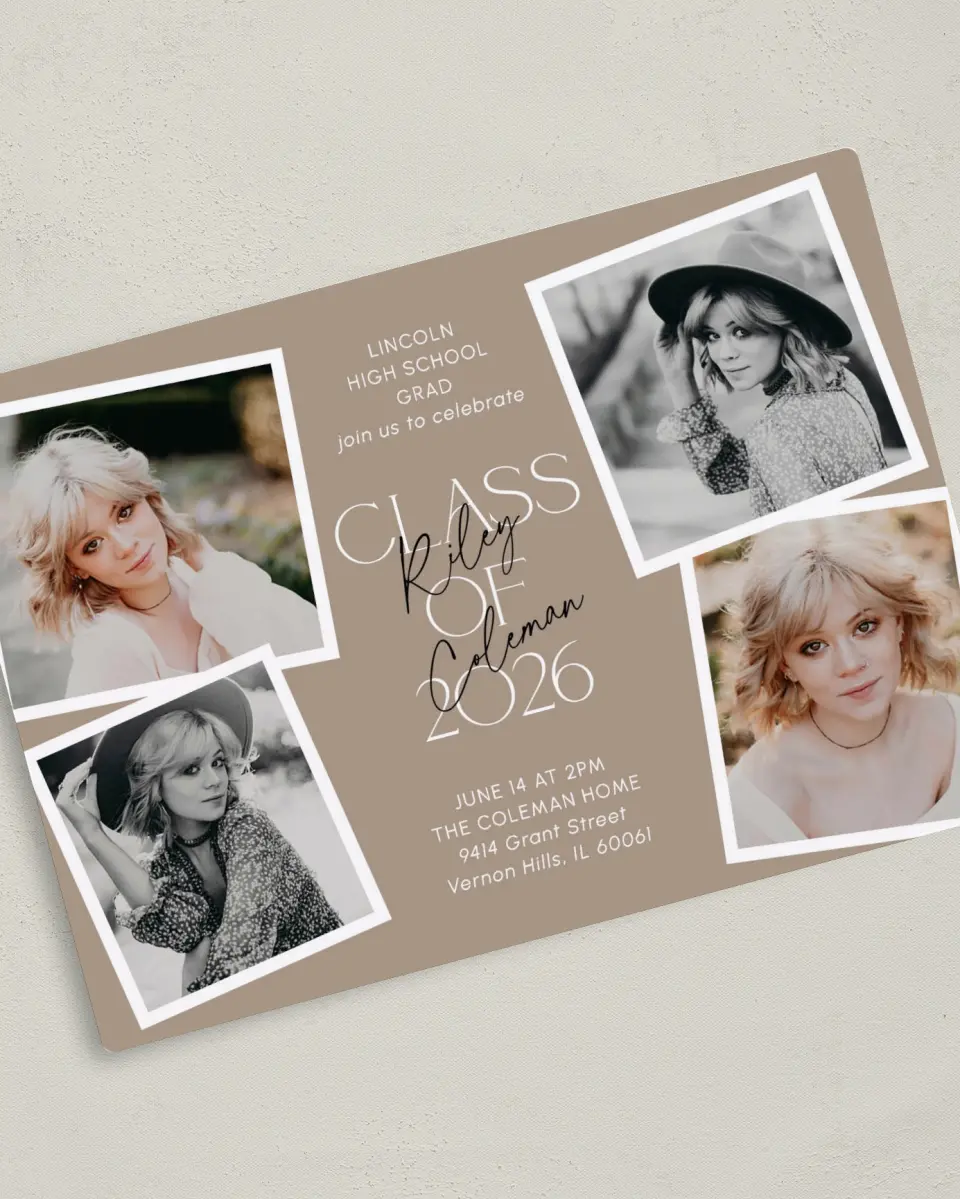 This is a 5" x 7" Graduation Announcement Magnet called Layered Snapshots printed in full color with a Luxe Satin finish