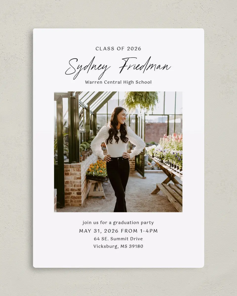 This is a 5" x 7" Graduation Announcement Magnet called Timeless Graduate printed in full color with Gold foil and a Luxe Satin finish