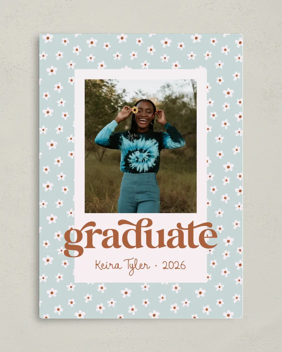 This is a 5" x 7" Graduation Announcement Magnet called Demure Daisies printed in full color with a Luxe Satin finish