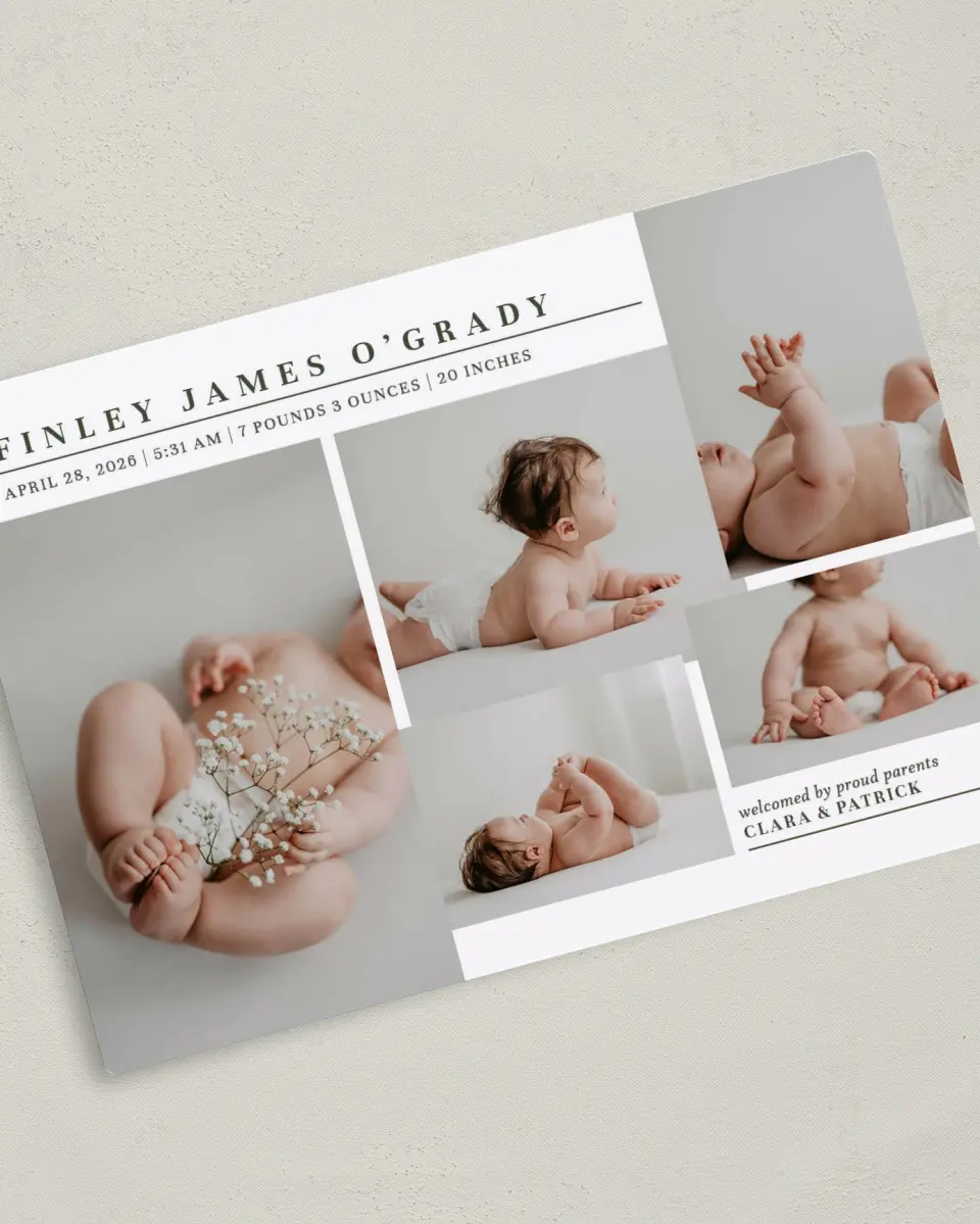 This is a 5" x 7" Birth Announcement Magnet called Minimalist Munchkin printed in full color with Gold foil and a Luxe Satin finish