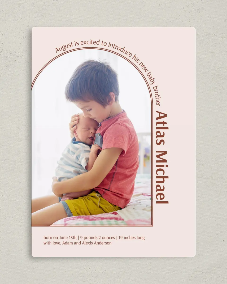 This is a 5" x 7" Birth Announcement Magnet called  printed in full color with Gold foil and a Luxe Satin finish