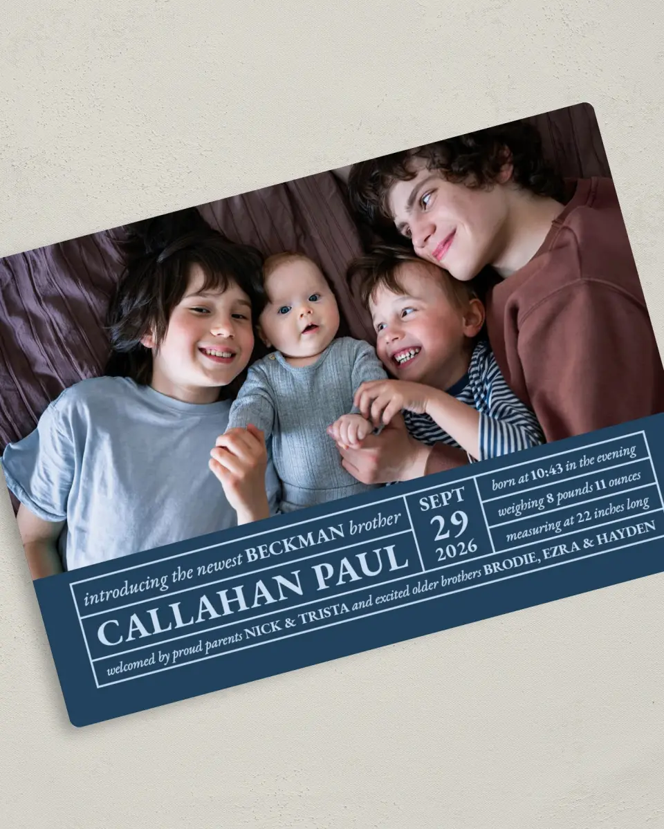 This is a 5" x 7" Birth Announcement Magnet called Welcome to the Family printed in full color with a Luxe Satin finish
