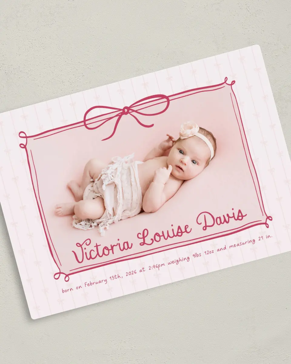 This is a 5" x 7" Birth Announcement Magnet called Blush Bows printed in full color with Gold foil and a Luxe Satin finish
