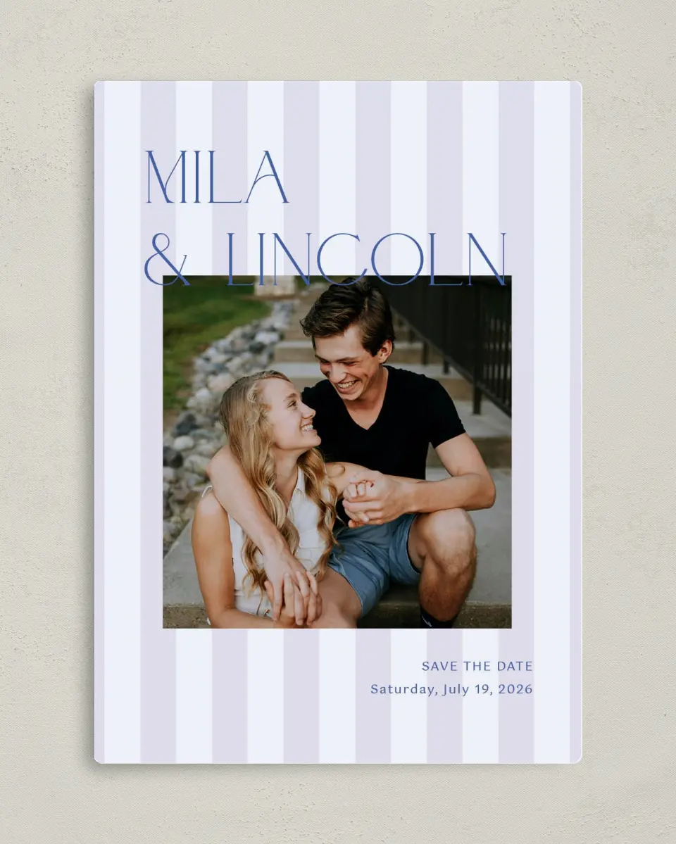 This is a 5" x 7" Save the Date Magnet called The Mila printed in full color with a Luxe Satin finish