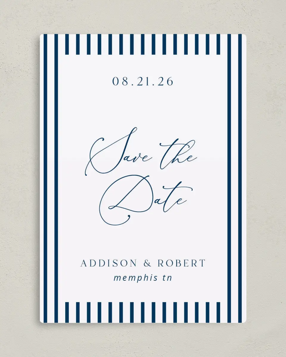 This is a 5" x 7" Save the Date Magnet called The Addison printed in full color with a Luxe Satin finish