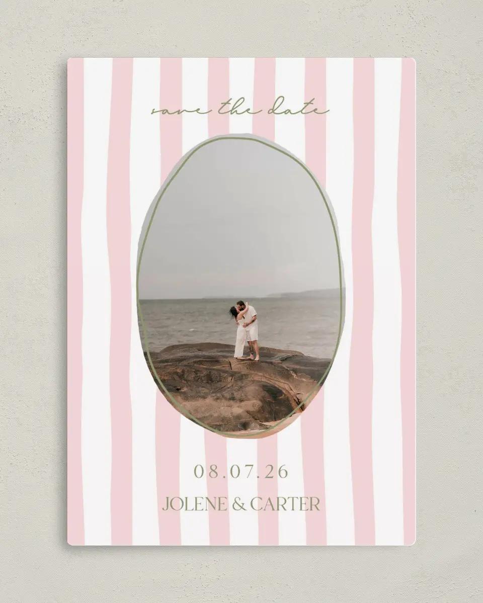 This is a 5" x 7" Save the Date Magnet called The Jolene printed in full color with a Luxe Satin finish