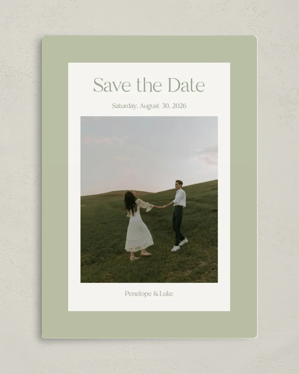 This is a 5" x 7" Save the Date Magnet called The Penelope printed in full color with a Luxe Satin finish