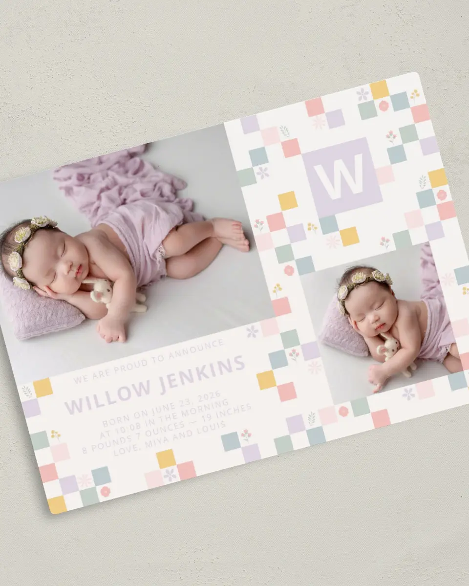 This is a 5" x 7" Birth Announcement Magnet called Cheeky & Checkered printed in full color with Gold foil and a Luxe Satin finish
