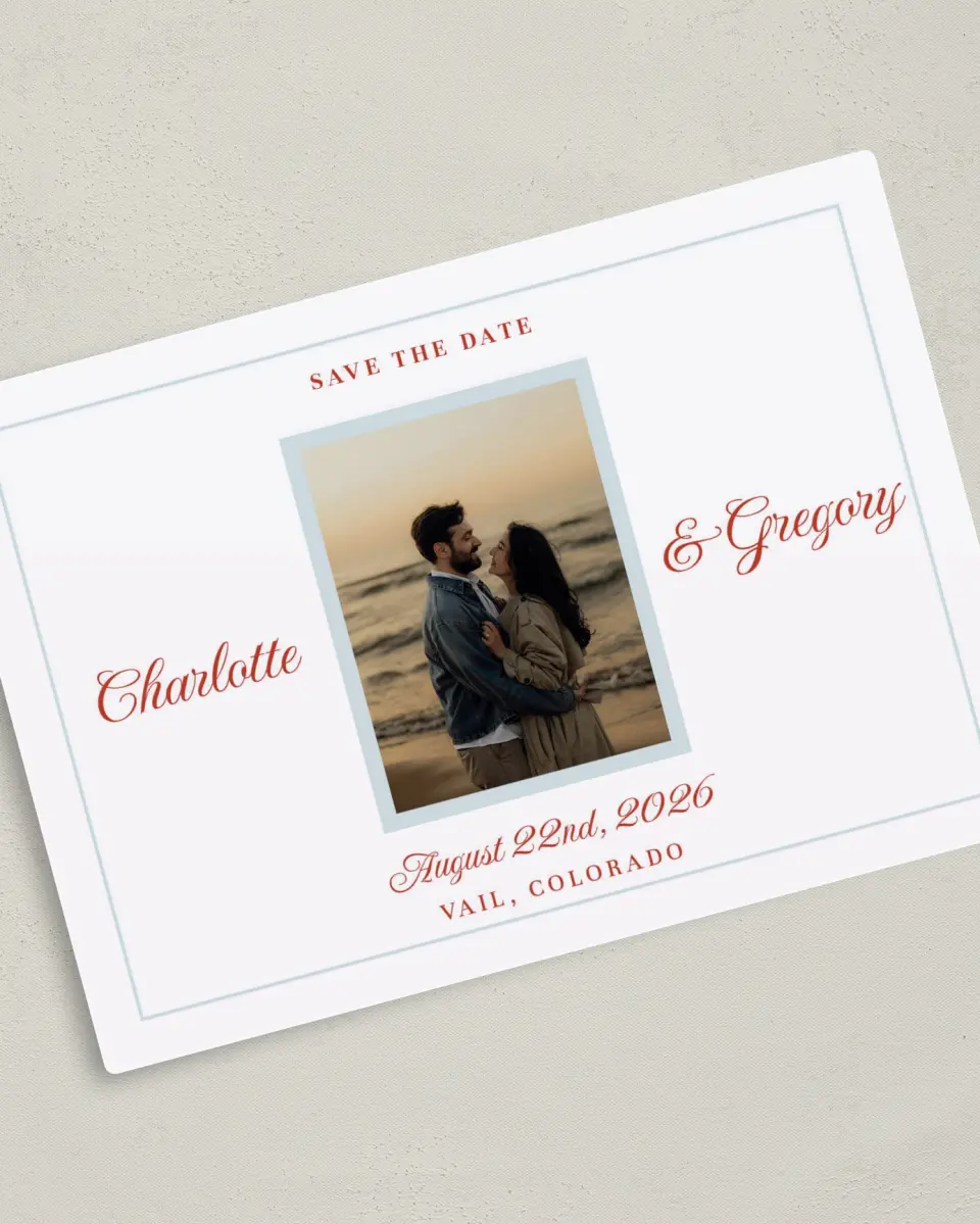 This is a 5" x 7" Save the Date Magnet called Mod Elegance printed in full color with a Luxe Satin finish