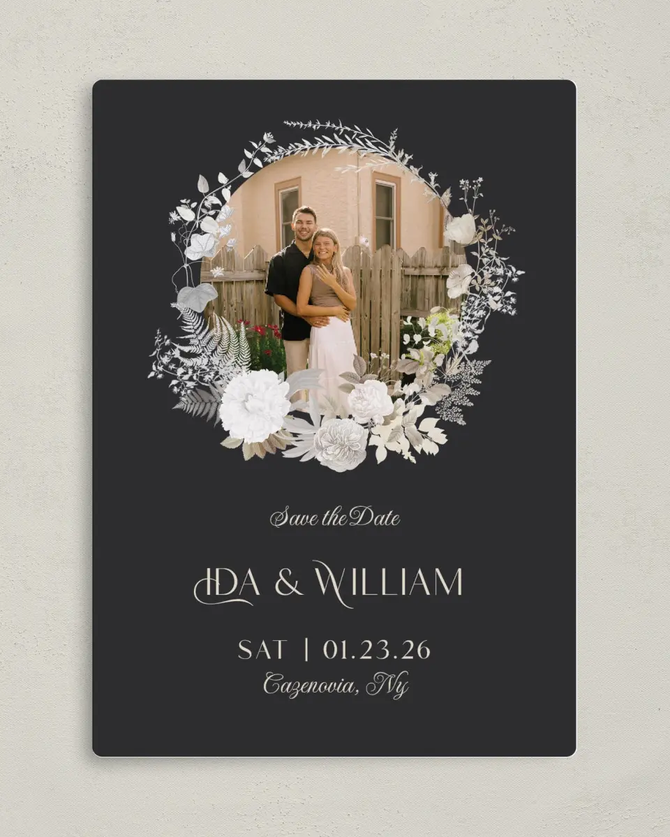 This is a 5" x 7" Save the Date Magnet called Winter WIldflowers printed in full color with Rose Gold foil and a Luxe Satin finish