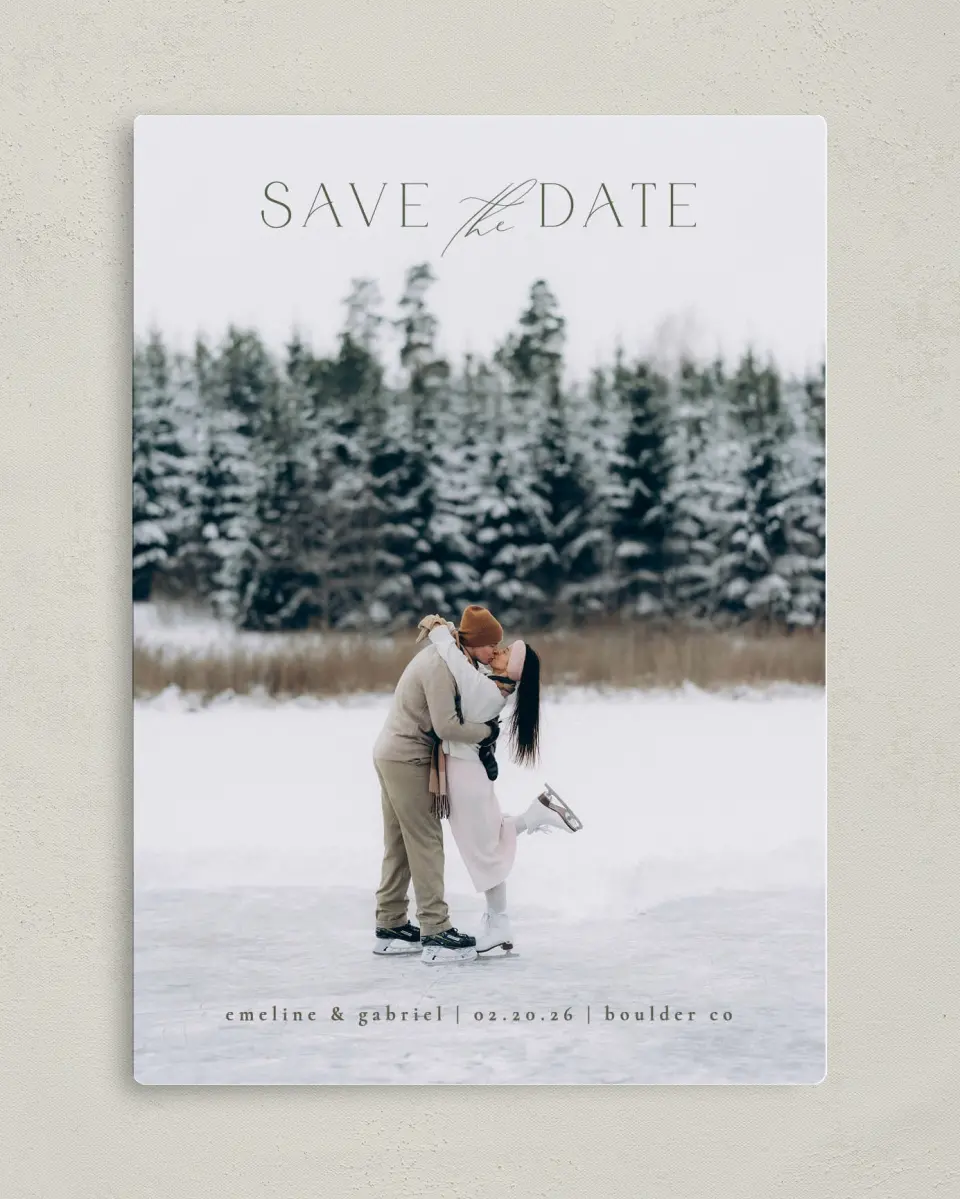 This is a 5" x 7" Save the Date Magnet called Gliding Love printed in full color with a Luxe Satin finish