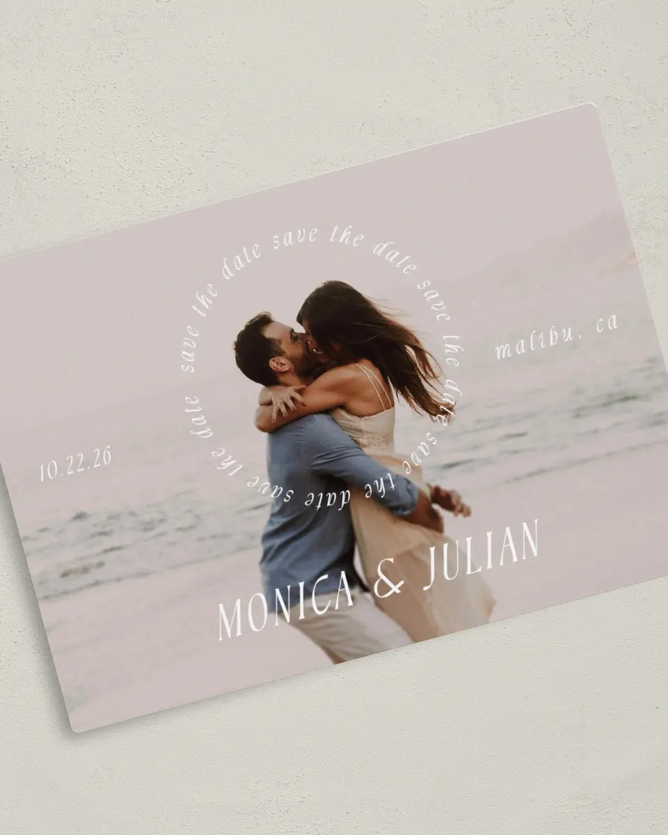 This is a 5" x 7" Save the Date Magnet called Crashing Love printed in full color with a Luxe Satin finish
