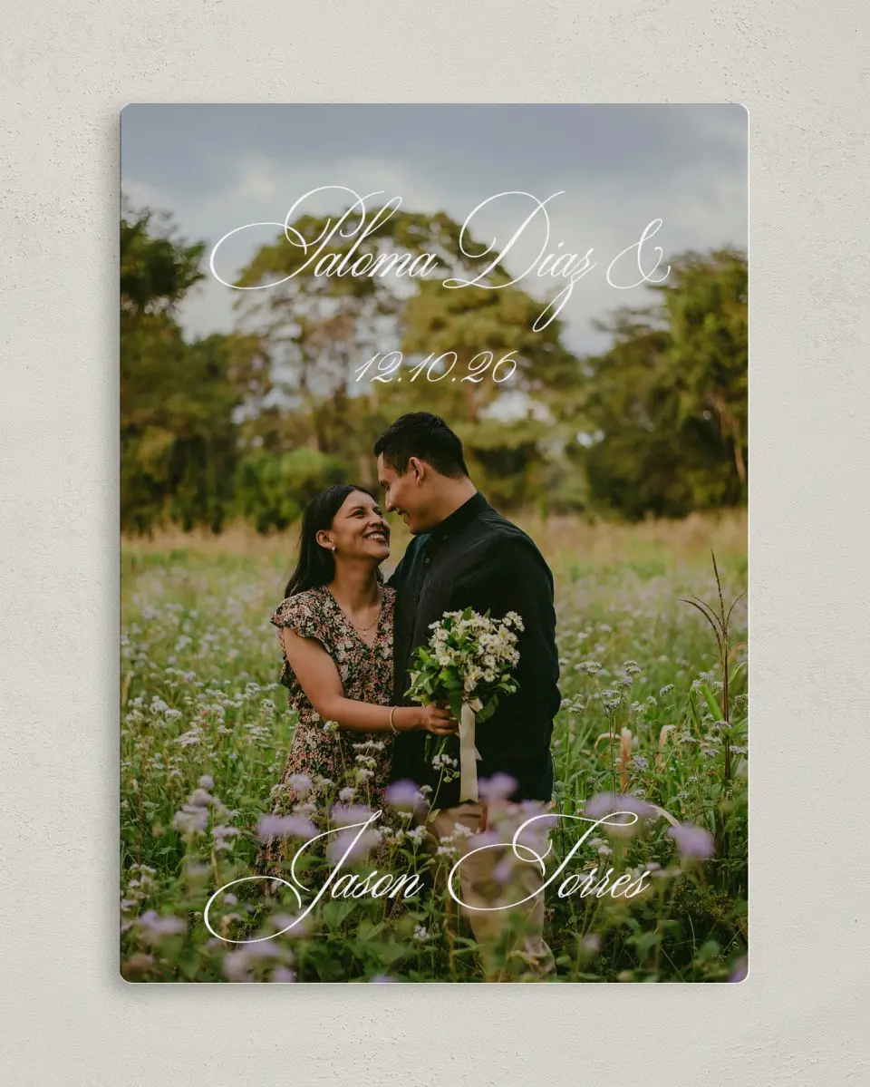 This is a 5" x 7" Save the Date Magnet called Bespoke Love printed in full color with a Luxe Satin finish