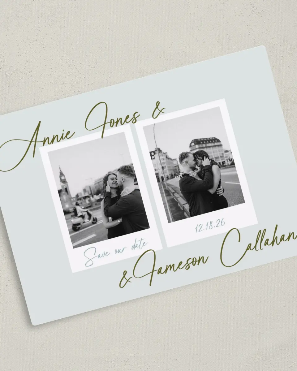 This is a 5" x 7" Save the Date Magnet called Precious Moments printed in full color with a Luxe Satin finish
