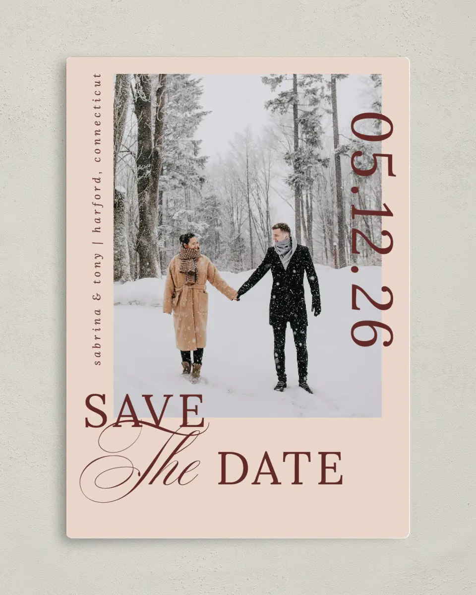 This is a 5" x 7" Save the Date Magnet called Connected Hearts printed in full color with a Luxe Satin finish