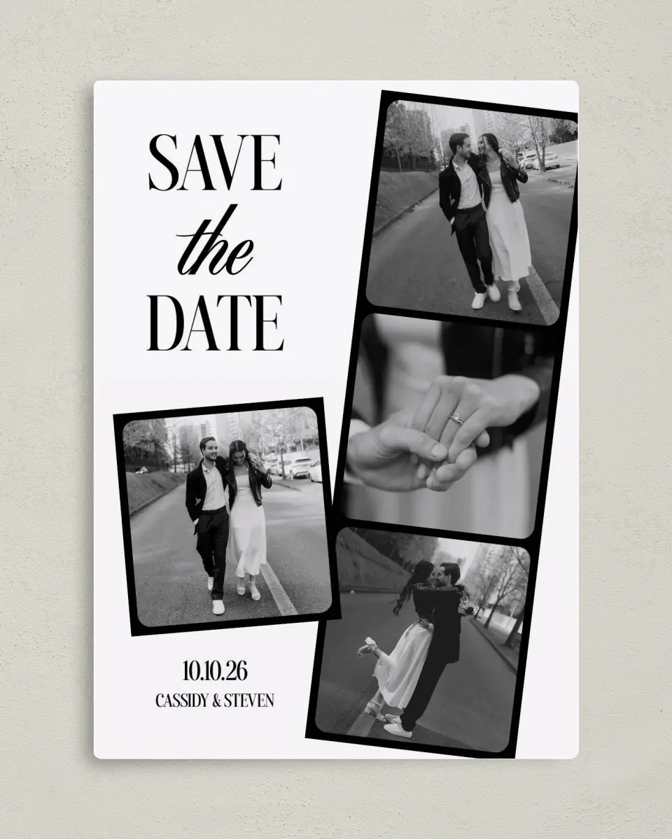 This is a 5" x 7" Save the Date Magnet called Photo Strip printed in full color with a Luxe Satin finish